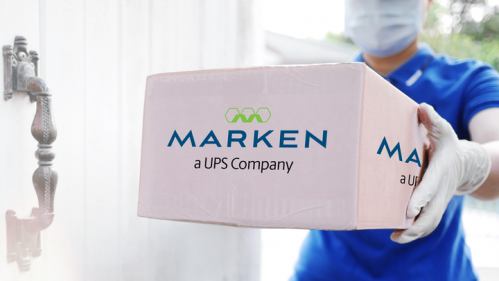 Photo of someone delivering a box branded "Marken, a UPS Company"