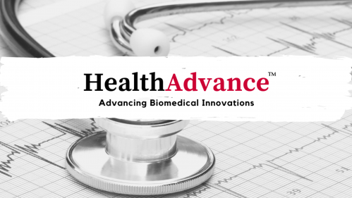 Stethoscope in background with HealthAdvance: Advancing Biomedical Innovations in foreground