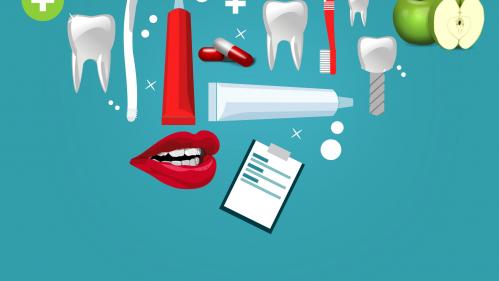 Illustration of teeth, toothpaste, toothbrush, mouth