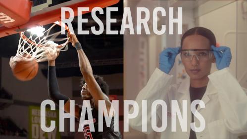 Split screen with basketball player dunking on the left and researcher in lab coat on the right
