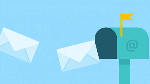 Illustration of mailbox with two white envelopes floating towards it