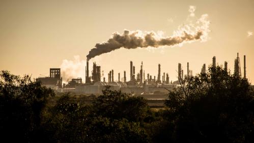 Smoke blowing out of factory in the distance with trees in the foreground