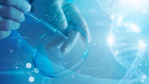 Science and medicine, scientist analyzing and dropping a sample into a glassware, experiments containing chemical liquid in laboratory on glassware, DNA structure, innovative and technology