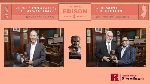 Graphic featuring Rutgers' 2024 Edison Patent Awards recipients