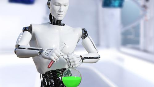 3D rendering of male robot doing a science experiment.