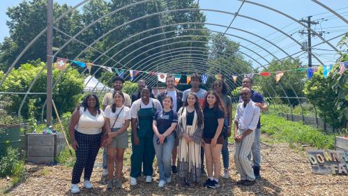 Students with garden background