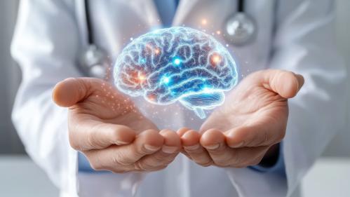 Image hands of doctor holding a digital image of a brain 