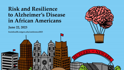 Graphic for the Risk and Resilience to Alzheimer's Disease in African Americans showing the city of Newark with a hot air balloon brain floating overhead