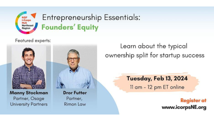 Infographic for 2-13-24 webinar Entrepreneurship Essentials: Founders' Equity