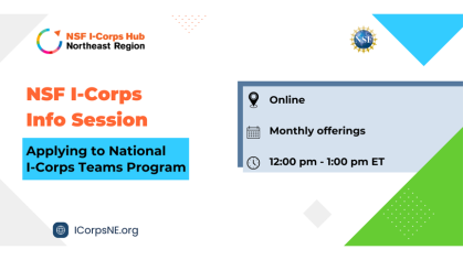 Infographic for I-Corps online info session on applying to the national program, taking place on Dec. 17