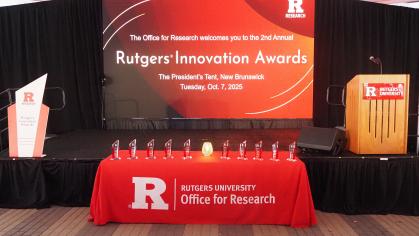 Image of the stage at the 2025 Rutgers Innovation Awards Banquet