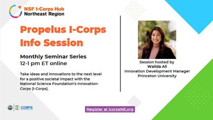 Infographic for I-Corps Propelus Info Session webinar on January 14 at noon