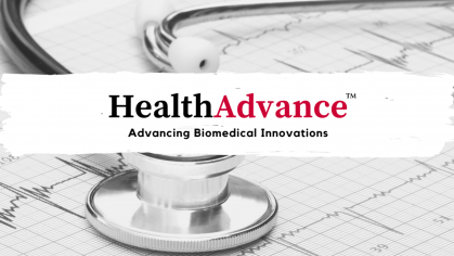 Stethoscope in background with HealthAdvance: Advancing Biomedical Innovations in foreground