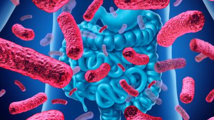 Illustration of microbiome with gut bacteria floating across image