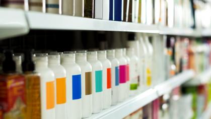 A shelf of hair care products