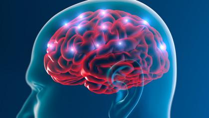 Illustration of brain with neurons lit up inside silhouette of a head