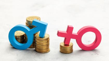 An image depicting the gender symbols for male and female stacked on coins, with the male symbol stacked higher
