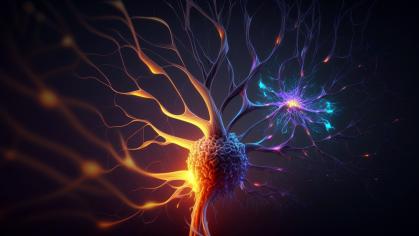 Neurons firing signals across neural synapse, close up glial cells, generative ai