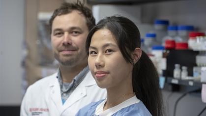 Rutgers professor Morgan James (left) and local high school student Vanessa Zhang working in James' lab