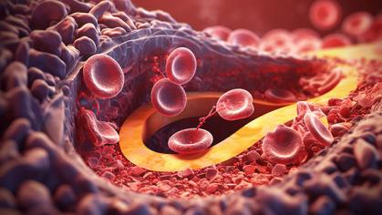 Detailed Cross Section Of Pancreas Against Blood Cells Background in 3D Render