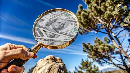 Hand holding magnify glass looking for money outdoors