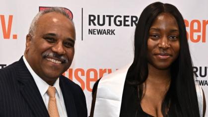 From left, Fiserv Executive Vice President and Head of Corporate Social Responsibility Neil Wilcox, Fiserv and Rutgers-Newark scholar Chinonye Uzowuru