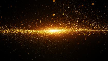Gold color digital particles wave flow and light flare. Abstract technology background.
