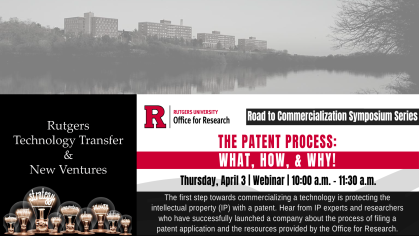 Infographic for Road to Commercialization Symposium Series webinar titled The Patent Process: What, How, and Why
