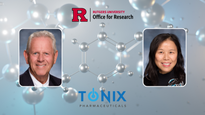 Image featuring headshots of Rutgers researcher William Welsh and former Rutgers Researcher Youyi Peng along with the logos for Rutgers Office for Research and Tonix Pharmaceuticals over a background stock image featuring pain management compounds