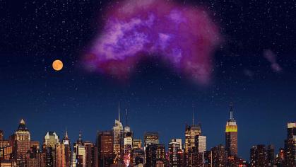 Composite of purple gas cloud over skyline of New York City.