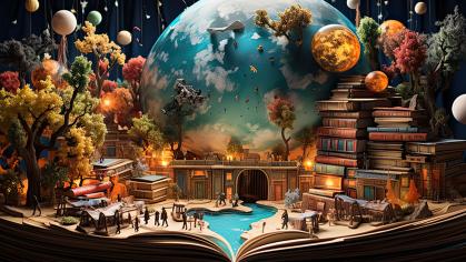 a flurry of books and globes and trees