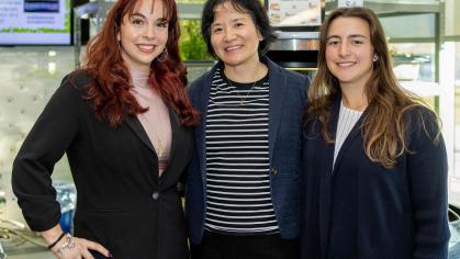 Jacqueline Skunakis (left), poses with Professor Yanhong Jin and fellow student Jess Dugo in Harvest, a cafe within the New Jersey Institute for Food, Nutrition and Health.