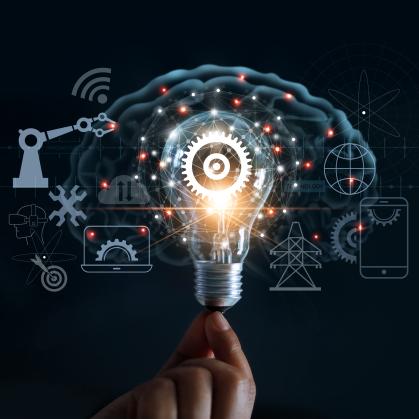 Hand holding light bulb and cog inside and innovation icon network connection on brain background, innovative technology in science and industrial concept