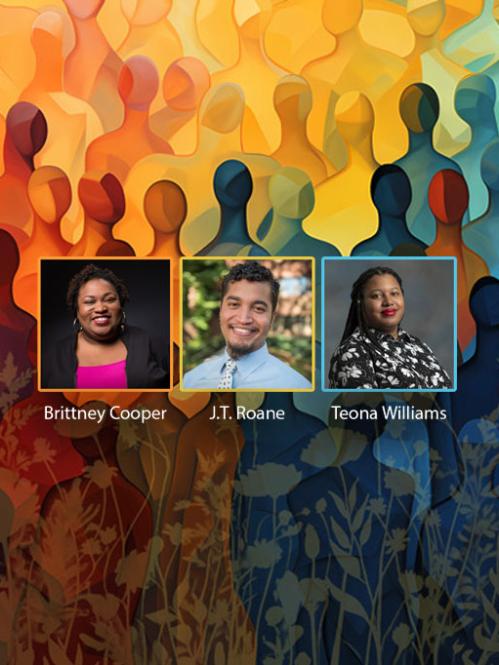 Britney Cooper, J.T. Boone, and Teona Williams photo over colorful abstract background.