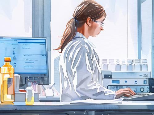 Laboratory scene with woman looking at computer.