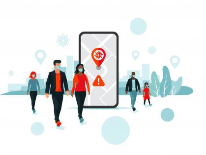 Illustration showing phone tracing covid with illustrations of people around