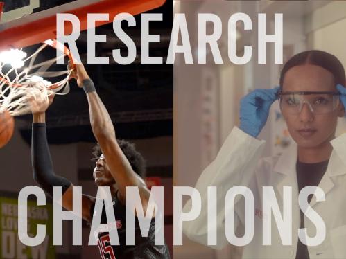 Split screen with basketball player dunking on the left and researcher in lab coat on the right
