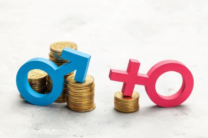 An image depicting the gender symbols for male and female stacked on coins, with the male symbol stacked higher