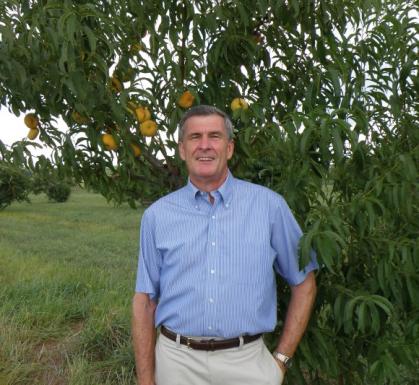 Joe Goffreda standing next to rutgers peach tree