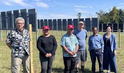 L-R: Dr. Jim Simon, Secretary Elina Akinaga, Secretary Andrew Yatilman, Dr. AJ Both, Dr. Ramu Govindasamy and Dena Seidel at the Rutgers agrivoltaics research farm in New Brunswick.