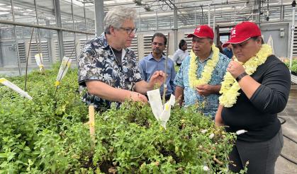 FSM’s Secretary Andrew Yatilman and Secretary Elina Akinaga visit Rutgers research greenhouses.