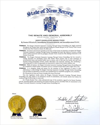 Senate Resolution recognizing the work of Rutgers’ Immersive Learning through Science Storytelling Lab and presented on March 30, 2025.