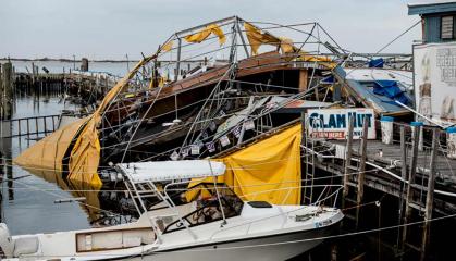 wreckage by a dock of The Clam Hut in Highlands, N.J.