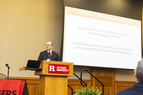 Rutgers senior vice president for research Michael Zwick speaking to Rutgers-Camden researchers