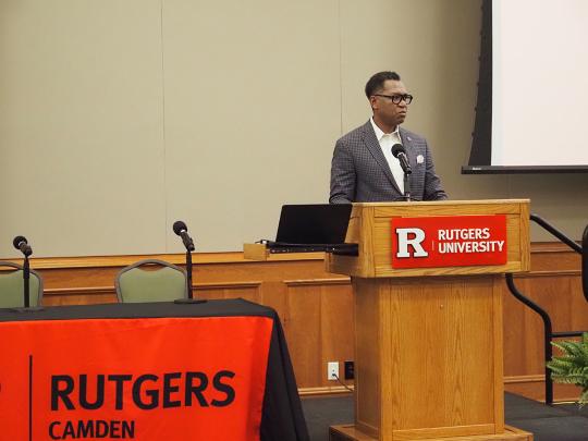 Rutgers-Camden chancellor Antonio D. Tillis, PhD, speaking to Camden researchers