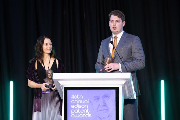 2025 Edison Patent Award winners Eric Wengrowski and Kristin Dana on the stage