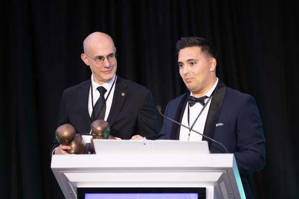 2025 Edison Patent Award winners Daniel Kopp and Richard Riman on stage